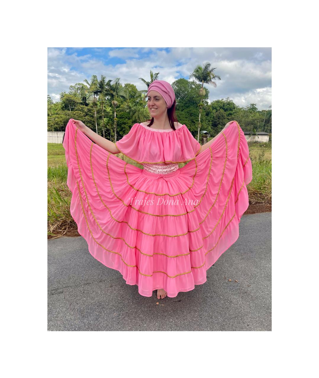Saia cigana com 7 babados em chiffon rosa 