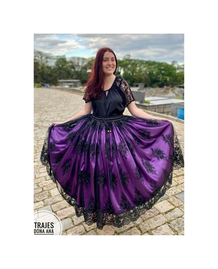 Saia de Pomba Gira em tule bordado preto com roxo Trajes Dona Ana