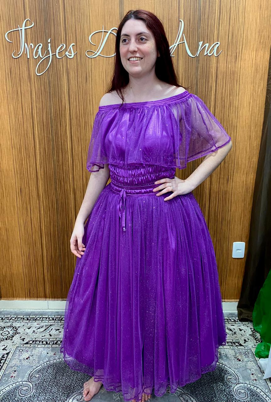 Saia Roxa de Cetim com Glitter Reta