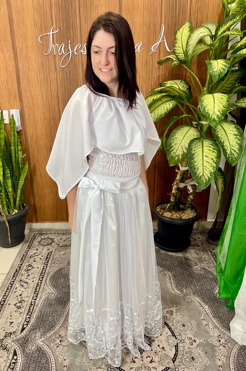 Saia branca de gliter com tule bordado (cós de faixa) 