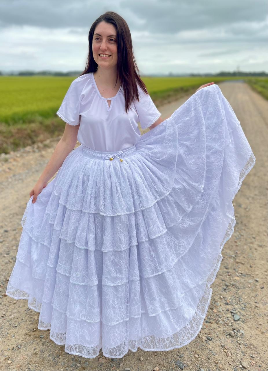 Saia de Umbanda Branca de Renda 5 babados