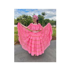 Saia cigana com 7 babados em chiffon rosa 
