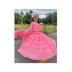 Saia cigana com 7 babados em chiffon rosa 