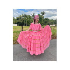 Saia cigana com 7 babados em chiffon rosa 