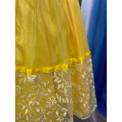 Saia Amarela de Cetim com Glitter e Barra Bordada