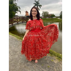 Saia Luxo Bordada Vermelhar Com Fios Dourados