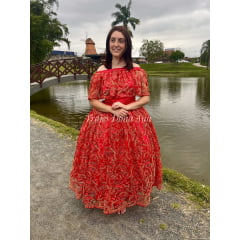 Saia Luxo Bordada Vermelhar Com Fios Dourados