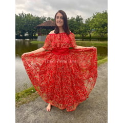 Saia Luxo Bordada Vermelhar Com Fios Dourados