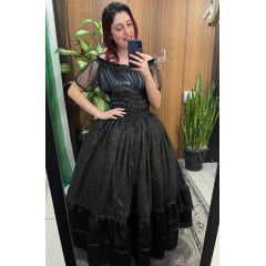 Saia Preta de Cetim com Glitter e Babados  Saia Preta de Cetim com Glitter e Babados