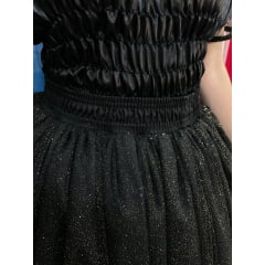 Saia Preta de Cetim com Glitter e Babados 