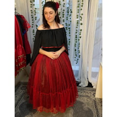 Saia Vermelha com Babado e Forro Preto em Cetim com Glitter